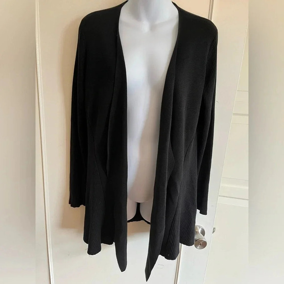 Eileen Fisher, silk asymmetrical, black, long  sleeve cardigan, size medium. - Picture 1 of 14